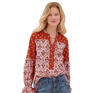 Sundance Bohemian Blouse Long Puff Sleeve Western Orange & Purple Cotton Size‎ S